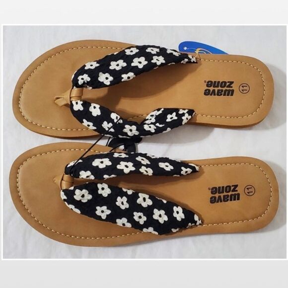 New Wave Zone Womens Flip Flops Slip On Black With White Floral Tan Size 11 - Picture 7 of 16